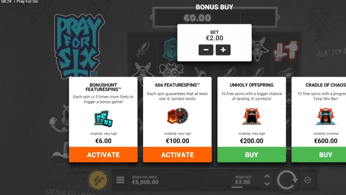 Interface do jogo Pray for Six com tema sombrio e monocromático