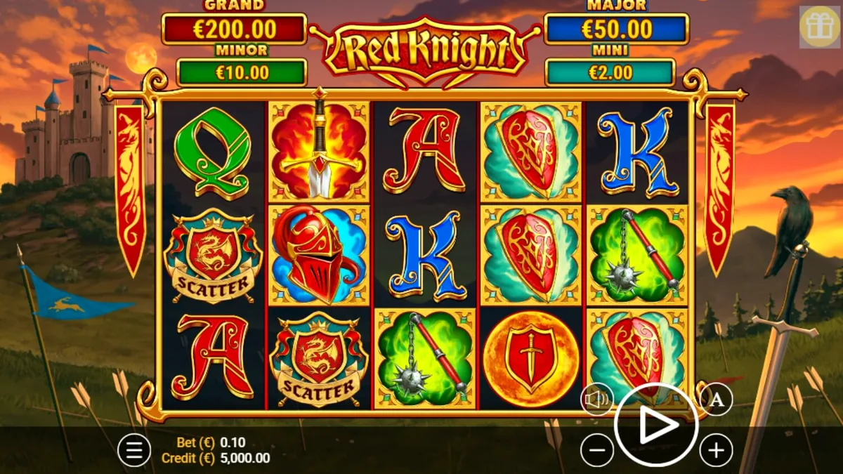 Cena de batalha medieval com fogo e elementos de slot no Red Knight