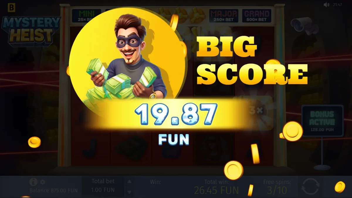 Interface do slot Mystery Heist com símbolos de ouro e diamantes